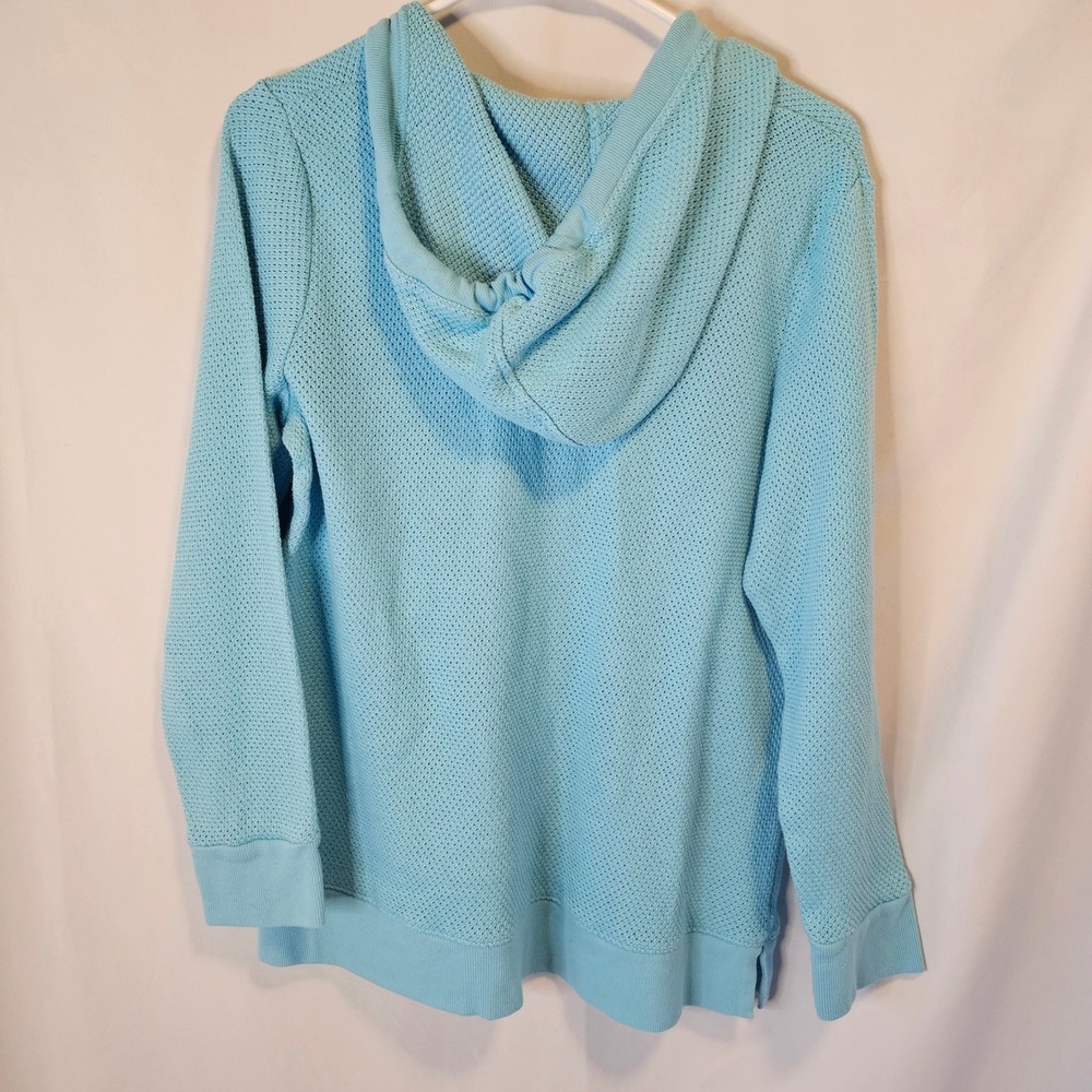 Chico's Waffle Knit Pullover Hoodie Size 2 L Light Blue Coastal Casual Beach - Picture 7 of 9